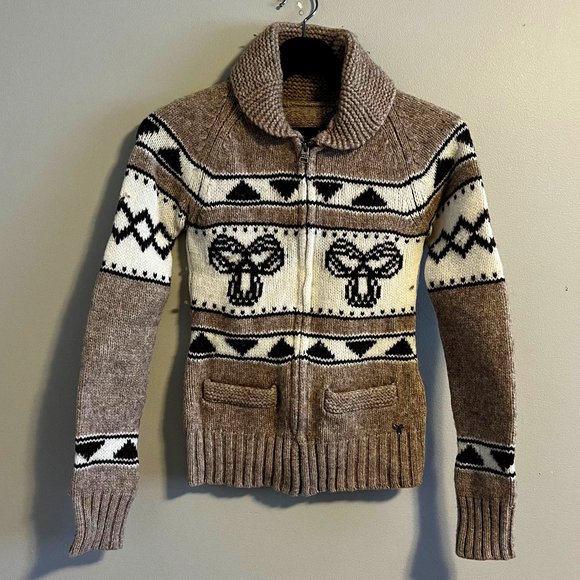 TNA Aritzia Tan Cowichan 100% Lambswool Zip Up Long Sleeves Sweater Cardigan - Picture 2 of 11